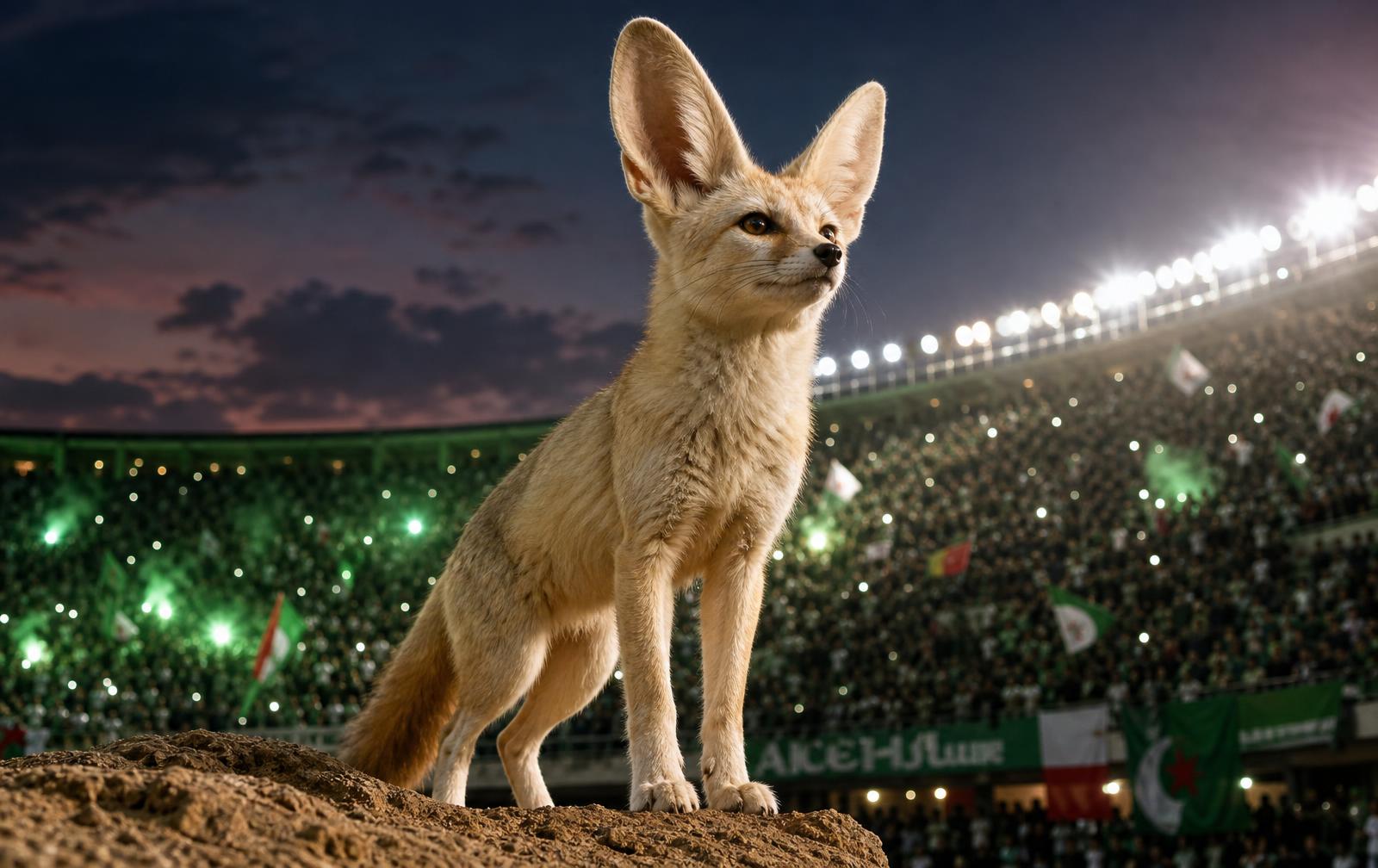 Fennec fier devant les tribunes d'un stade algérien à la tombée du jour